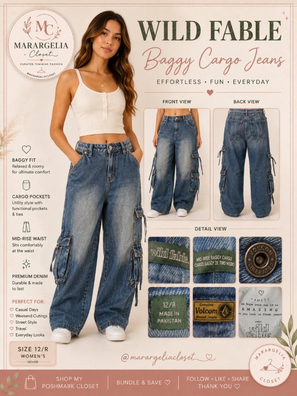 Wild Fable Y2K Mid Rise Baggy Denim Cargo Capri Jeans Size 12R